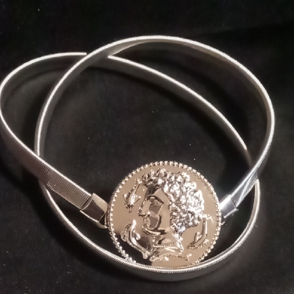 Silver Metal Belt with Nepolian Medallion Buckle. 26 In Long Expandable